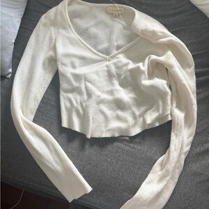 La Perla Cream Ribbed V-Neck Long Sleeve Top